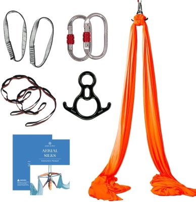 Aerial Yoga 9-Yard Silks Starter Pack – Heavy-Duty Tricot Hammock with Rigging Kit & Guide for Flying/Acrobatic Yoga, Suitable for All Skill Levels (Rig to 13 ft)