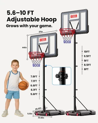 IGL Portable Basketball Hoop System, 5.6–10 ft Adjustable Stand with 44"" PC Backboard, Mobile Base for Kids, Youth & Adults (Backyard/Driveway)