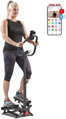 Sunny Health & Fitness Twist Stepper with Handlebar — Compact Low-Impact Cardio Stepper with Bluetooth App Connectivity