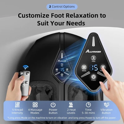 ALLYOUGER Shiatsu Foot Massager with Heat, Vibration, Air Compression and Deep Kneading for Plantar Fasciitis & Neuropathy — Removable Liners, Remote Control (Black)