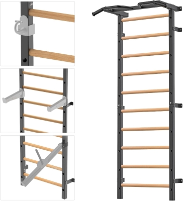 Kipika 2 x 2-inch Swedish Wall Ladder – Wall-Mounted Pull-Up Bar & Suspension Trainer with 1-inch Holes, Solid Wood Grips, Power Rack Compatible Gymnastic Stall Bar for Home, School and Wall Gyms