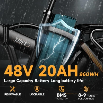 1000W Folding Electric Mountain Bike, 48V 20Ah Detachable Battery, 30+ MPH, 60-Mile Range (PAS), 20"" Fat Tire Foldable E-Bike for Adults