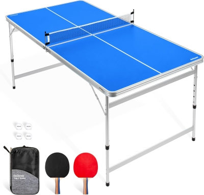 GoSports 6 x 3 ft Mid-Size Table Tennis Set – Foldable, 4-Position Height (24–30 in), Includes Net, 2 Paddles & 4 Balls – Blue or Green