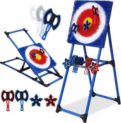 4-in-1 Bristle Axe Throwing Target Set with 8 Long-Handled Axes & 8 Star Darts - Indoor/Outdoor Yard Game