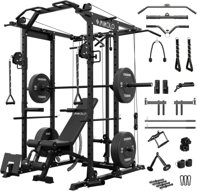 Mikolo K6 Power Cage with Cable Crossover & Lat Pulldown — 1500 lb Squat Rack System, Pulley & Accessory Package