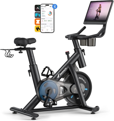 MERACH Indoor Cycling Bike with 15.6"" Full HD Screen, Magnetic Resistance, 300 lb Capacity, Tablet Mount & App-Based Fitness Courses