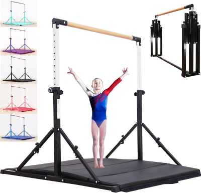 MARFULA Foldable Gymnastics Kip Bar – 4 ft Width (5 ft Base) Adjustable 36""–60"" Height, 400 lb Capacity with Fiberglass Crossbar, Foldable Design & Mats for Kids, Home and Club