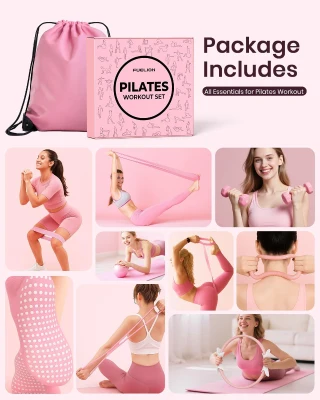 Women's Pilates Starter Kit — 14"" Magic Circle, Mini Ball & Resistance Bands Home Workout Set with Dumbbells and Guide