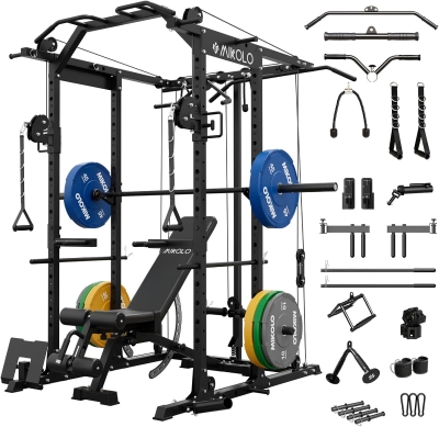 Mikolo K6 Power Cage with Cable Crossover, 1500 lb Squat Rack and Lat/Low Row Pulley System — Complete Home Gym Package