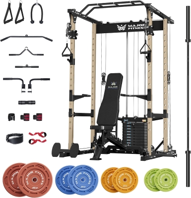 MAJOR FITNESS Drone1 Power Cage – Multi-Function Power Rack with Integrated 100 lb Weight Stack, Cable Crossover System, Squat Rack & Landmine for Home Strength Training