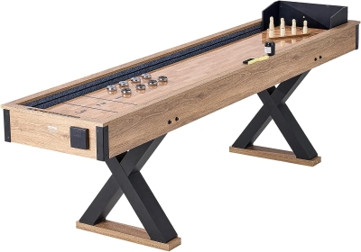 VEVOR 9 ft Shuffleboard Table — 2-in-1 Shuffleboard & Bowling Combo with Scratch-Resistant Poly Playfield, X-Style Legs, 8 Pucks, Bowling Set, Wax and Brush
