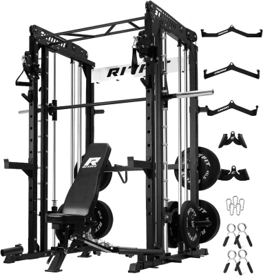 RitFit M1 / M1 Pro Smith Machine with Cable Crossover — Multi-Function Squat Rack Power Cage Package (Bench + 370 lb Bumpers + Accessories)