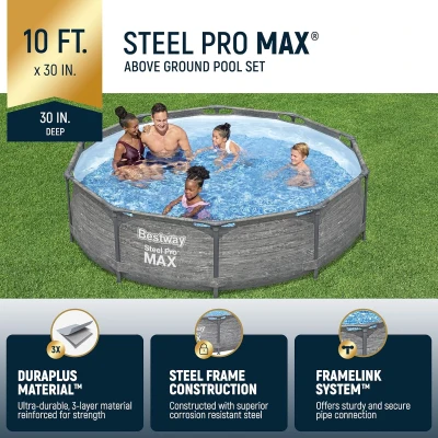 Bestway Steel Pro MAX 10' x 30"" Round Above-Ground Pool Set with Metal Frame, DuraPlus Liner and Filter Pump, Gray