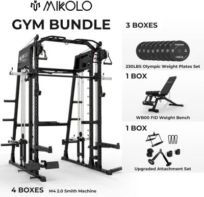 Mikolo M4 2.0 Smith Machine & 2200 lb Power Rack with Dual Cable Crossover, Lat Pulldown and Leg Hold-Down Attachment