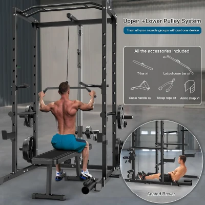 Multi-Functional Power Cage with J-Hooks, Dip Handles, Landmine & Optional Cable Pulley System — Heavy-Duty Home Power Rack