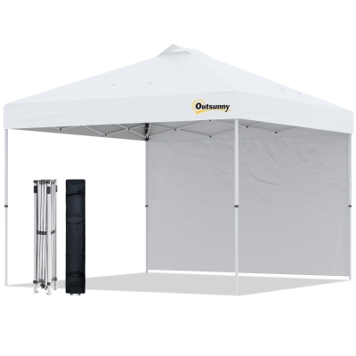 Outsunny 10' x 10' Pop Up Canopy Tent with Adjustable Height, 1 Sidewall, and Wheeled Carry Bag for Outdoor, Garden, Patio, White