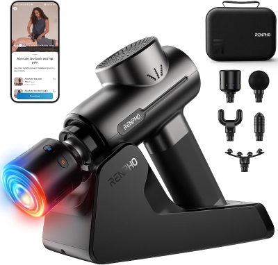 RENPHO Thermacool Deluxe Massage Gun with Heat & Cold Therapy, Portable Deep Tissue Percussion Massager with Charging Stand & App Connectivity — Gift for Him/Her