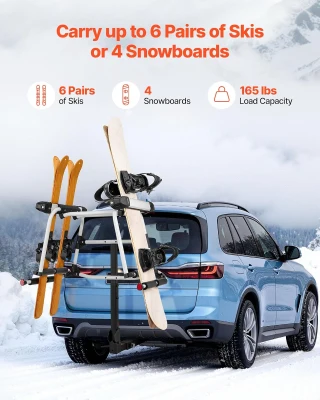 VEVOR Hitch-Mounted Ski & Snowboard Rack for 2-Inch Receiver, Carries up to 6 Pairs of Skis or 4 Snowboards, Includes Key Lock, Security Strap, 120° Tilt Access & Rubber Padding