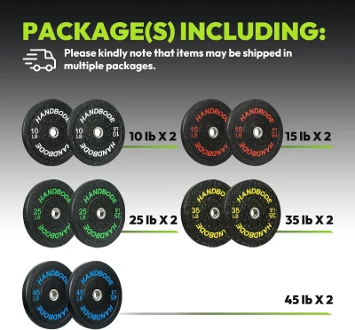 2-Inch Olympic Bumper Plates High Rebound — Colored Rubber Barbell Set (2x10/2x15/2x25/2x35/2x45 lb) for Strength Training