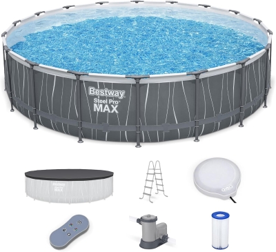 Bestway Steel Pro MAX 18' x 48"" Metal Frame Above-Ground Round Pool Set with LED Light & Remote, Ladder, Cover and 1500 GPH Filter Pump