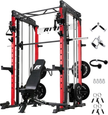 RitFit M1 Smith Machine with Cable Crossover — Multi-Function Power Cage Package with Adjustable Bench & 260 lb Bumper Plate Set