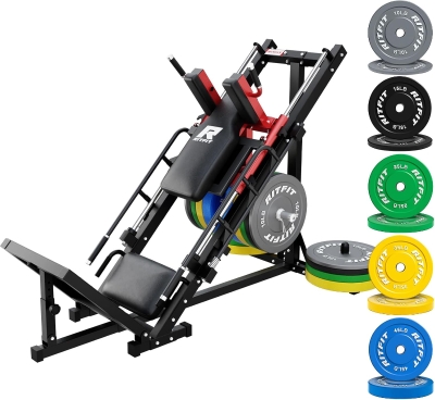 RitFit Multi-Angle Leg Press & Hack Squat with Weight Plate Set, Linear Bearing System and Plate Storage Posts for Complete Lower-Body Training