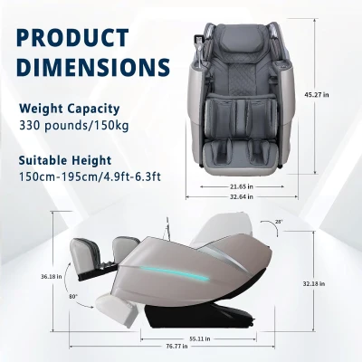 4D Full-Body Massage Chair Zero Gravity Recliner — 55"" S+L Track, 20 Auto Modes, 11 Techniques, 40 Airbags, Yoga Stretch, App Control, Negative Oxygen Ions (Grey)