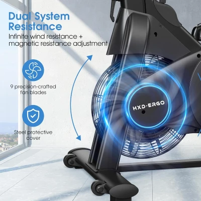 HXD-ERGO Indoor Magnetic & Air Bike, Stationary Exercise Bike with Silent Belt Drive, App Compatibility, LCD Monitor, 350 lb Capacity