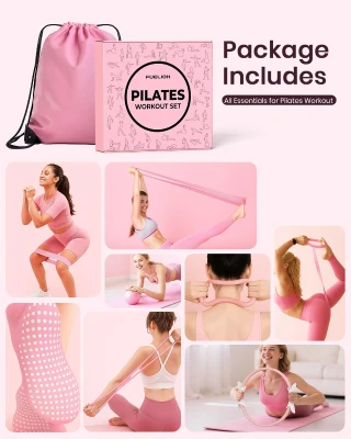 Women's Pilates Starter Kit – 14"" Magic Circle, Mini Ball & Resistance Bands for Home Strength, Toning & Flexibility with Workout Guide