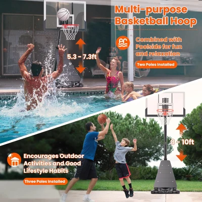 Portable Adjustable Basketball Hoop System 10ft with 45/48in Steel-Framed Backboard — Stable, Wheeled Design for Youth and Adult Play