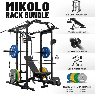 Mikolo K6 Power Cage with Cable Crossover, 1500 lb Squat Rack and Lat/Low Row Pulley System — Complete Home Gym Package