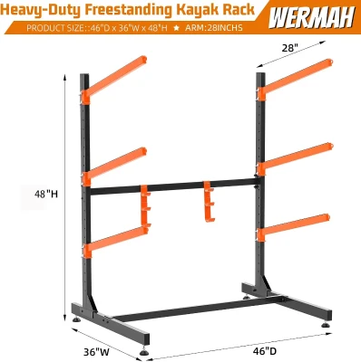 Freestanding Heavy-Duty 3-Tier Kayak Storage Rack — Adjustable Garage Stand for Kayaks, Canoes, SUPs & Surfboards (48""H x 46""W x 36""D)