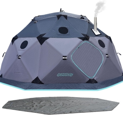 QualyQualy 8-10 Person Insulated Pop-Up Ice Fishing Tent with Floor - 147 sq ft Shelter with Stove Jack and Carry Bag