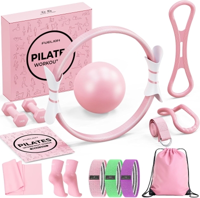 Women's Pilates Starter Kit — 14"" Magic Circle, Mini Ball & Resistance Bands Home Workout Set with Dumbbells and Guide