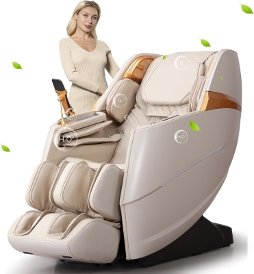 Oversize 4D Full-Body Massage Chair - Zero Gravity Recliner with 135cm SL-Track, O2 Ionizer, Motorized Calf Extension, Kneading, Yoga Stretch, Back Heating, 20 Modes (Ivory)