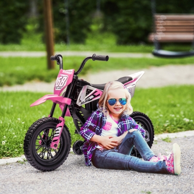 Qaba 12V Kids Dirt Bike, Electric Motorcycle with Twist Grip Throttle, Training Wheels, Rear Suspension & Music, Pink