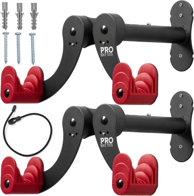 PRO BIKE TOOL Adjustable Horizontal Bike Wall Mounts (Set of 2) — Heavy-Duty Metal Arms, Space-Saving Garage Rack for Nearly Any Bike, Black/Red