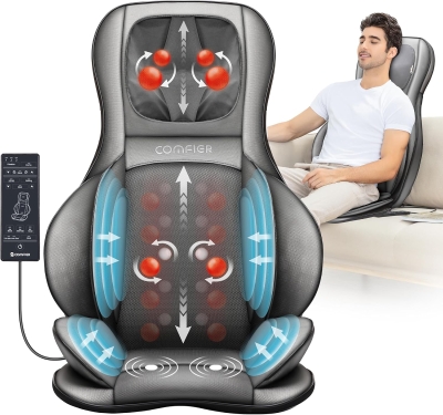COMFIER Deep Tissue Back Massager — Shiatsu Neck & Back Pad with Heat, Rolling and Air Compression, Fits Office Chairs — Full-Body Massage Chair Pad Gift for Mom and Dad