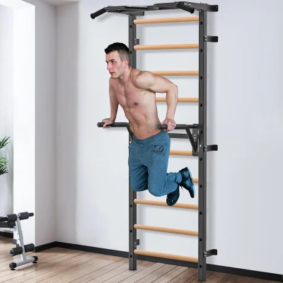 Kipika 2""x2"" Swedish Stall Bar with 1"" Holes - Wall-Mounted Gymnastic Ladder and Pull-Up Trainer with Solid Wood Grips