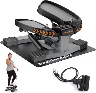 Sportsroyals Mini Twist Stepper with Resistance Bands – Compact Home Step Machine for Full-Body Workouts, Quiet Hydraulic, 350+ lb Capacity