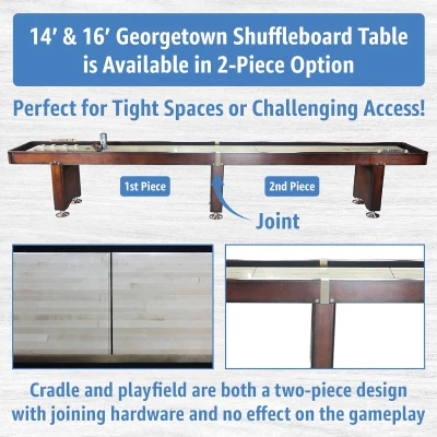 Playcraft Georgetown Shuffleboard Table — Split 2-Piece Option for Narrow Access, Storage Cabinet, Includes Pucks, Abacus, Brush & Wax