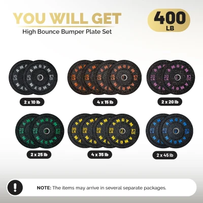 AMGYM 400 lb Bumper Plate Set — 2-Inch Olympic Rubber Plates, Recycled Rubber, Color-Coded