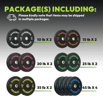 2-Inch Olympic Bumper Plate Kit — High-Bounce Colored Rubber Plates for Strength Training (45/100/160/190/260/300 lb Selections)