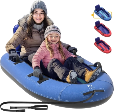 QPAU Heavy-Duty 2-Person Snow Sled with Reinforced Canvas Cover — 63.5"" x 33.5"" Inflatable Tube with Strong Handles, Family Winter Toboggan