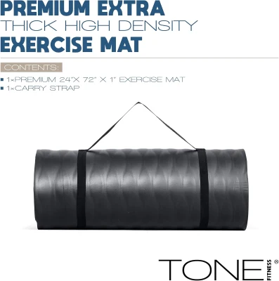 Tone Fitness 1-inch Thick High-Density Exercise Mat — Non-Slip Yoga/Pilates Mat 24 x 72 with Carry Strap