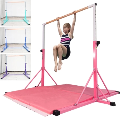 Portable Gymnastics Bar 5FT/6FT for Kids Ages 5-20 - Adjustable 35""–59"" (5FT Model), 500 lb Capacity with Folding Mat