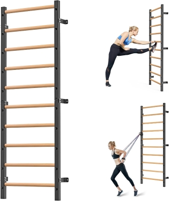 Kipika 2""x2"" Wall-Mounted Swedish Ladder with 1"" Hole — Pull-Up Bar & Suspension Trainer with Solid Wood Handles for Home, Wall Gyms, Schools