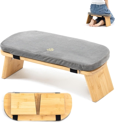 Large Bamboo Folding Meditation Bench with Cushion (Grey) – Upgraded Seiza Kneeling Stool, Ergonomic 6° Tilt with Magnetic Locking Hinges