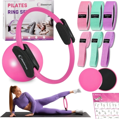 Pilates Home Gym Set — 14"" High-Resilience Ring, Multi-Level Fabric Bands, Mini Ball and Gliders with Training Poster