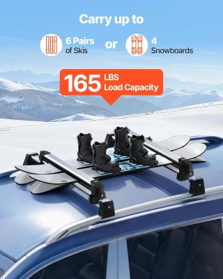 VEVOR Aluminum Ski & Snowboard Roof Rack — Holds up to 6 Pairs of Skis or 4 Snowboards, Universal Top-Mount Holders with Lock and Rubber Padding